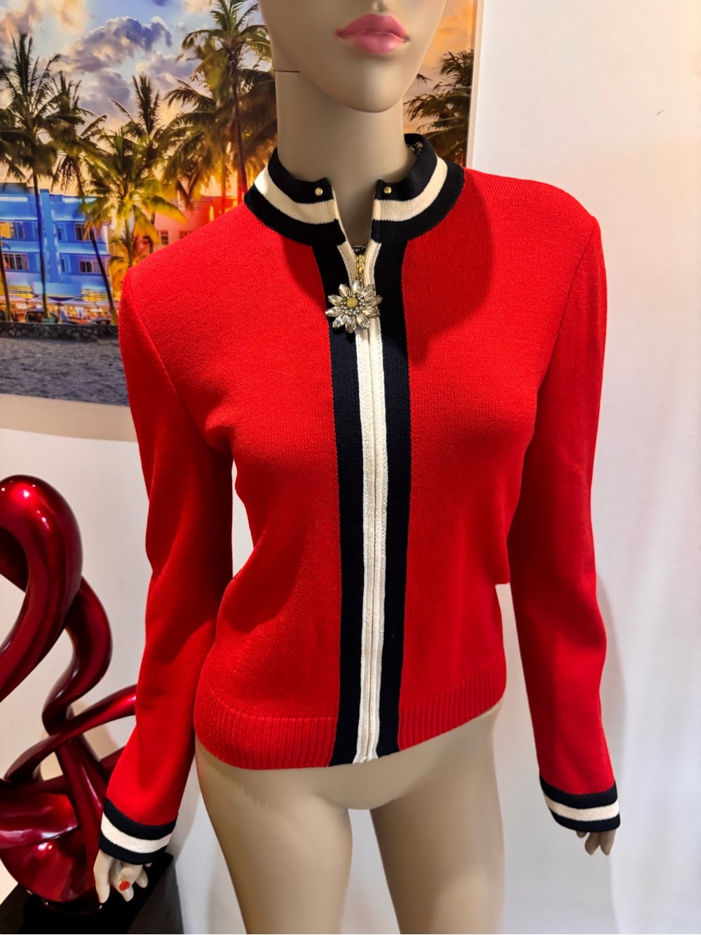St. John Red Knit Jacket with Black and White Trim 6 S zip blazer